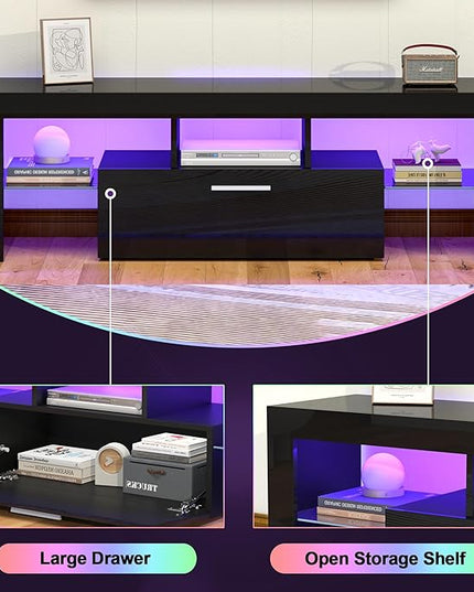 Clikuutory Black LED TV Stand with Large Storage Drawer for 32 40 50 55 Inch TVs, Modern High gloss TV Console Table with Entertainment Center for Living Room, Bedroom, Black - LeafyLoom