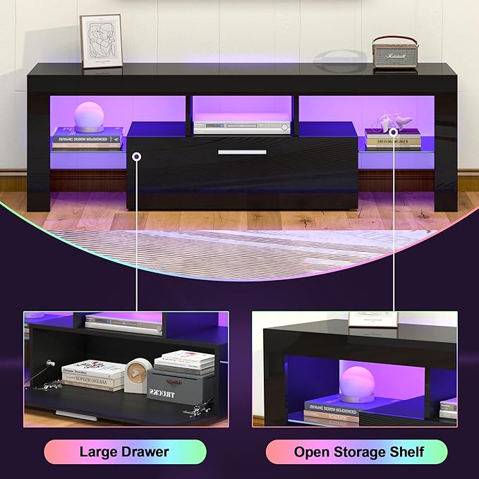 Clikuutory Black LED TV Stand with Large Storage Drawer for 32 40 50 55 Inch TVs, Modern High gloss TV Console Table with Entertainment Center for Living Room, Bedroom, Black - LeafyLoom