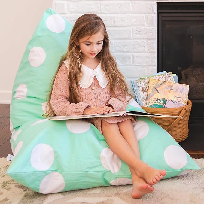 Butterfly Craze Bean Bag Chair Cover, Functional Toddler Toy Organizer, Fill with Stuffed Animals to Create a Jumbo, Comfy Floor Lounger for Boys or Girls, Stuffing Not Included, Aqua Polka Dots - LeafyLoom