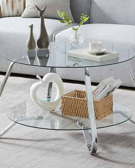 HOMBAZAAR Glass Coffee Table, Modern Coffee Table with Metal Frame and Tempered Glass Tabletop, 2-Tier Chrome Round Center Table for Living Room, Meeting Room, Silver - LeafyLoom