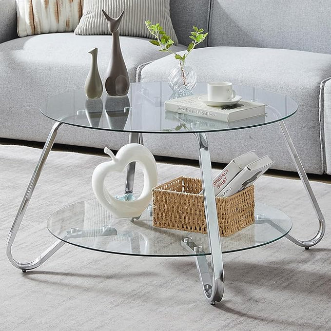 HOMBAZAAR Glass Coffee Table, Modern Coffee Table with Metal Frame and Tempered Glass Tabletop, 2-Tier Chrome Round Center Table for Living Room, Meeting Room, Silver - LeafyLoom