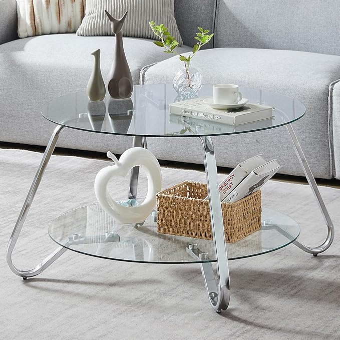 HOMBAZAAR Glass Coffee Table, Modern Coffee Table with Metal Frame and Tempered Glass Tabletop, 2-Tier Chrome Round Center Table for Living Room, Meeting Room, Silver - LeafyLoom