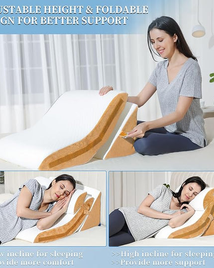Bed Wedge Pillow for Sleeping 3PCS, 20-in-1 Adjustable Memory Foam Wedge Pillow for Acid Reflux, 3-in-1 Incline Pillow Wedge for After Surgery, Snoring, Back Pain(Brown) - LeafyLoom