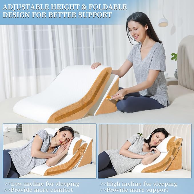 Bed Wedge Pillow for Sleeping 3PCS, 20-in-1 Adjustable Memory Foam Wedge Pillow for Acid Reflux, 3-in-1 Incline Pillow Wedge for After Surgery, Snoring, Back Pain(Brown) - LeafyLoom