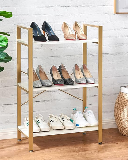 BEWISHOME 3 Tier Bookshelf, Modern Small Book Shelf for Small Spaces, White Gold Wooden Shelves for Bedroom Living Room and Home Office, 13.78" D x 24.12" W x 37.09" H, JCJ42M - LeafyLoom