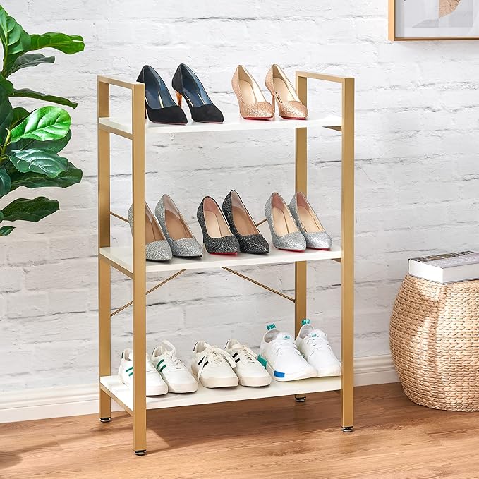 BEWISHOME 3 Tier Bookshelf, Modern Small Book Shelf for Small Spaces, White Gold Wooden Shelves for Bedroom Living Room and Home Office, 13.78" D x 24.12" W x 37.09" H, JCJ42M - LeafyLoom