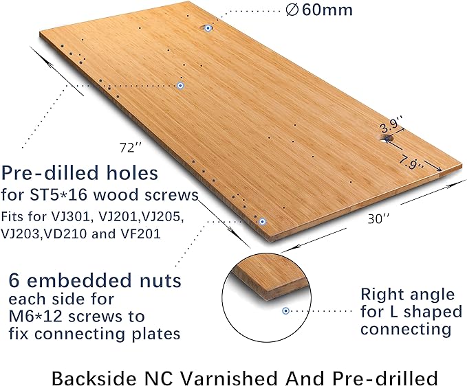 VWINDESK 72 x 30 x 1 Inch 100% Solid Bamboo Desk Table Top Only,for Standing Desk Home Office Desk with 60mm grommets(Right Angle) - LeafyLoom