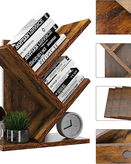 YMYNY 2 Tier Tree Bookshelf, Small Bookcase, Modern Wood Book Storage Rack Organizer, Freestanding Book shelf for Books/Movies/CDs, Display Rack for Bedroom, Home Office, Rustic Brown UHBC012H - LeafyLoom