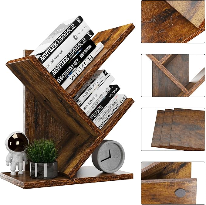 YMYNY 2 Tier Tree Bookshelf, Small Bookcase, Modern Wood Book Storage Rack Organizer, Freestanding Book shelf for Books/Movies/CDs, Display Rack for Bedroom, Home Office, Rustic Brown UHBC012H - LeafyLoom