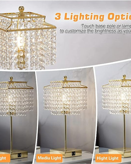 Luvkczc USB Bedside Crystal Table Lamp Gold, Touch Control Lamp, 3-Way Dimmable with Shade for Bedroom, Living Room, 6W LED Bulb Included - LeafyLoom