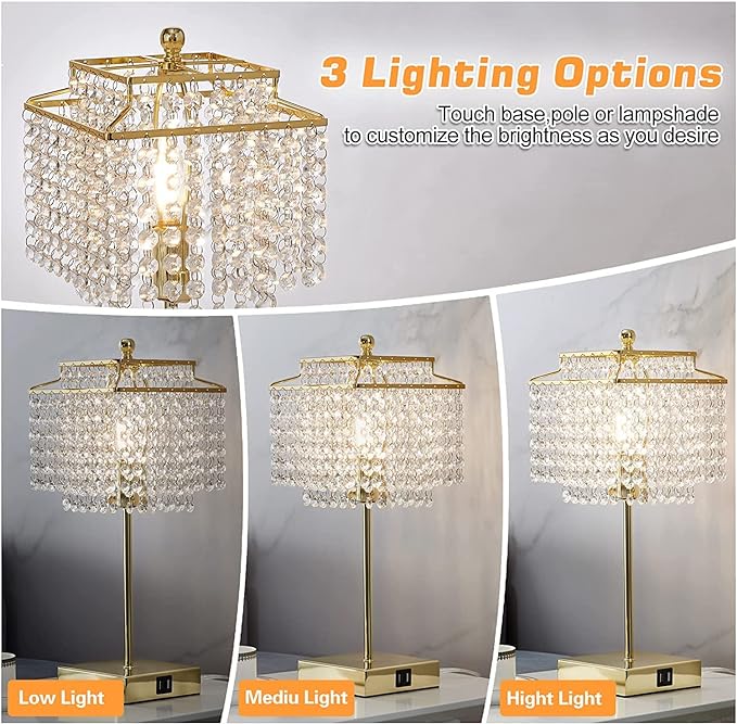 Luvkczc USB Bedside Crystal Table Lamp Gold, Touch Control Lamp, 3-Way Dimmable with Shade for Bedroom, Living Room, 6W LED Bulb Included - LeafyLoom
