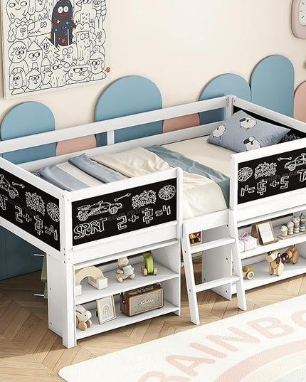 Twin Size Low loft Bed with Movable Shelves for Kids,Kids Low Loft Bed Frame with Guardrail Chalkboard and Storage,Solid Wood Loft Bed Twin for Boys,Girls (White) - LeafyLoom