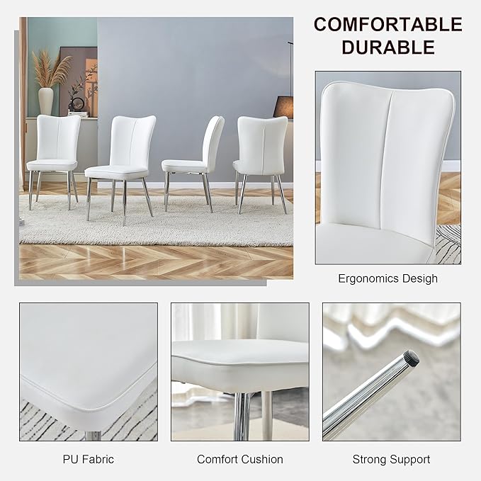 Modern Dining Chairs Set of 2, PU Leather Seat Cushions White Dining Room Chair, with Silver Metal Legs Kitchen Chair for Home Living Room, Restaurant, White Chair Silver Legs - LeafyLoom