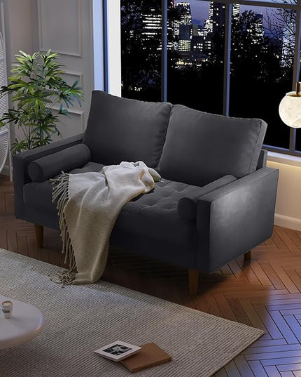 Velvet Furniture for Small Spaces, Mid-Century Modern Loveseats for Living Room, Love Seat Couch Sofas, 58 Inches, Grey - LeafyLoom