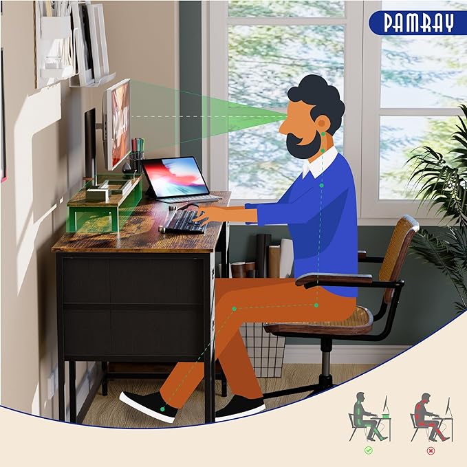 Pamray 55 Inch Computer Desk with Non-woven Storage Drawers and Monitor Stand Home Office Desk for Bedroom Study Table Writing and Work Desk Espresso Gray - LeafyLoom