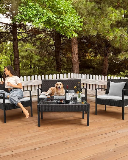 Outvita 4 Pieces Patio Furniture Set, Rattan Conversation Sets with Loveseat Soft Cushion and Glass Table for Garden Backyard Balcony Porch Poolside(Black) - LeafyLoom