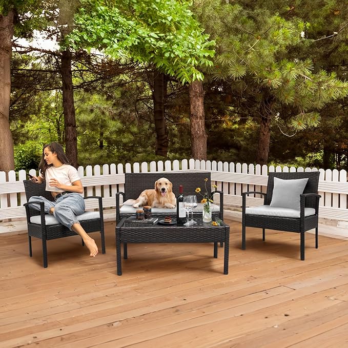 Outvita 4 Pieces Patio Furniture Set, Rattan Conversation Sets with Loveseat Soft Cushion and Glass Table for Garden Backyard Balcony Porch Poolside(Black) - LeafyLoom