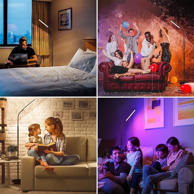 Dimunt LED Floor Lamp, 15W Super Bright RGB Corner Lamp, 3000K-6500K 4 Color Temps Dimmable Floor Lamp, Remote & Touch Control, 1 Hour Timer, Adjustable Gooseneck Standing Lamp for Living Room Home - LeafyLoom