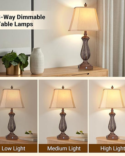 WIHTU 3-Way Dimmable Table Lamps for Bedrooms Set of 2, 30" H Touch Lamps for Living Room with USB & Type-C Ports, Brown Mermaid Bedside Lamp for Nightstand, Resin Farmhouse Rustic Lamp with 2 Bulb - LeafyLoom