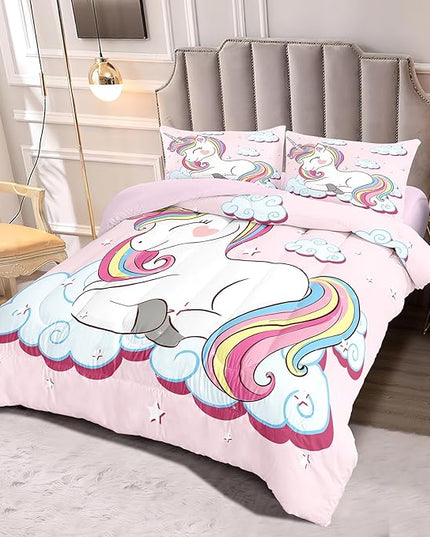 Kids Comforter Bedding Set Twin Size, 3 Piece Super Soft Breathable Print Kids Bedding Sets for Girls, Machine Washable Durable Comforter Set with Comforter and 2 Pillowcases (Twin, Pink Unicorn) - LeafyLoom