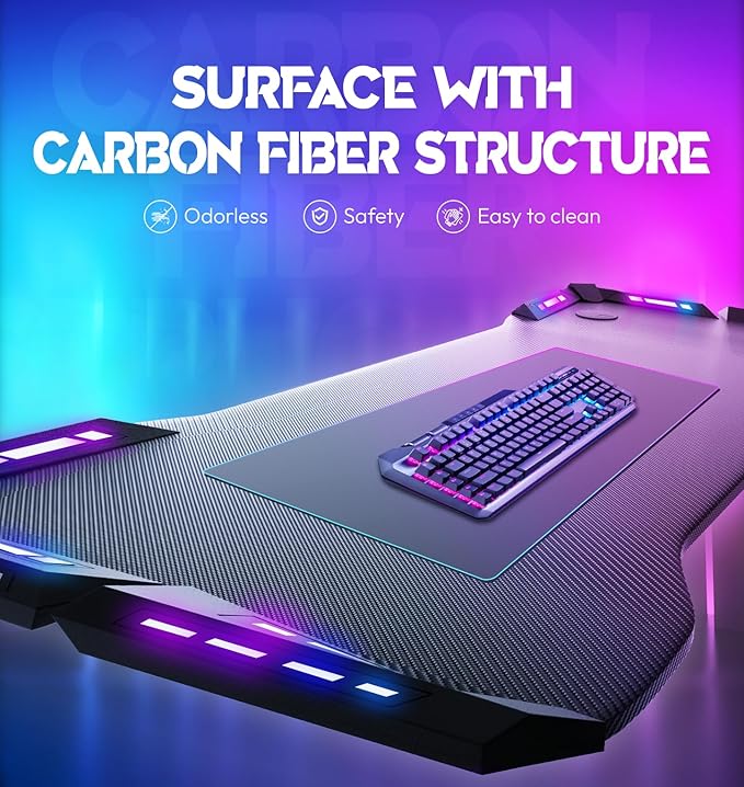 Dowinx Gaming Desk with LED Lights, RGB Gaming Computer Table with Carbon Fibre Surface, LED Home Office Desk with Remote Control, Pc Workstation with Cup Holder and Headphone Hook, 55 Inch, Black - LeafyLoom