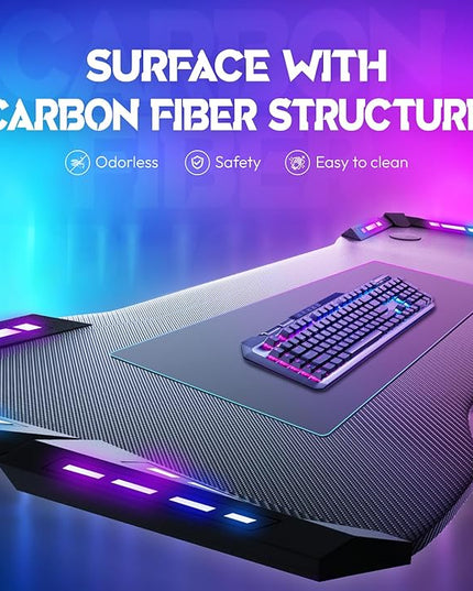 Dowinx Gaming Desk with LED Lights, RGB Gaming Computer Table with Carbon Fibre Surface, LED Home Office Desk with Remote Control, Pc Workstation, 47 Inch, Black - LeafyLoom