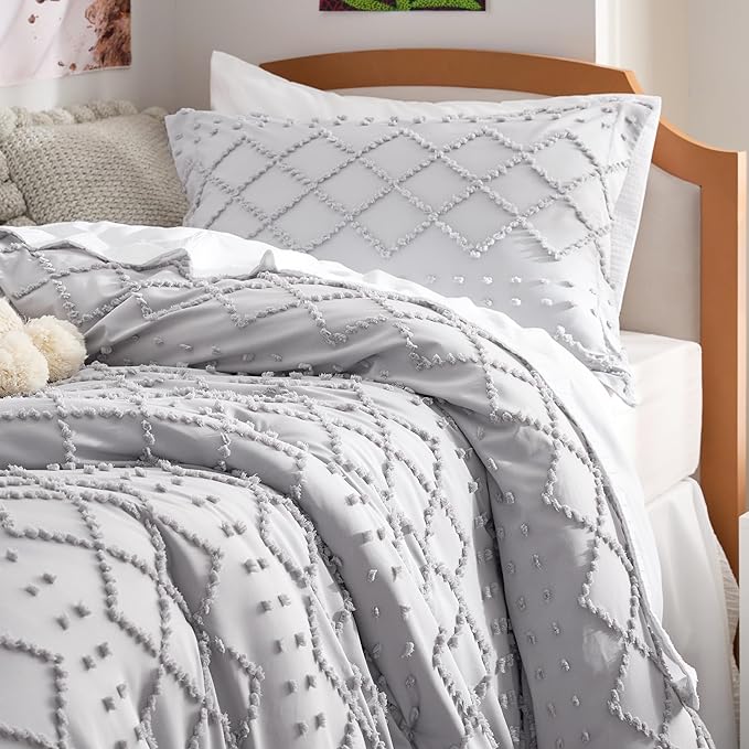Bedsure Twin/Twin XL Comforter Set - Light Grey Boho Twin Extra Long Comforter Set for College, Shabby Chic Dorm Bedding Set, 2 Pieces Modern Farmhouse Bed Set, includes 1 Pillow Sham - LeafyLoom