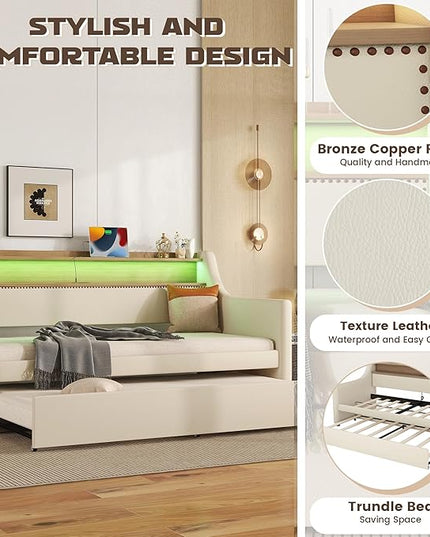 Twin Size Daybed with Trundle, Upholstered Day Bed Frame with Charging Station and LED Lights, PU Leather Sofa Beds w/Headboard & Wood Slat Support for Bedroom, Living Room, Beige - LeafyLoom