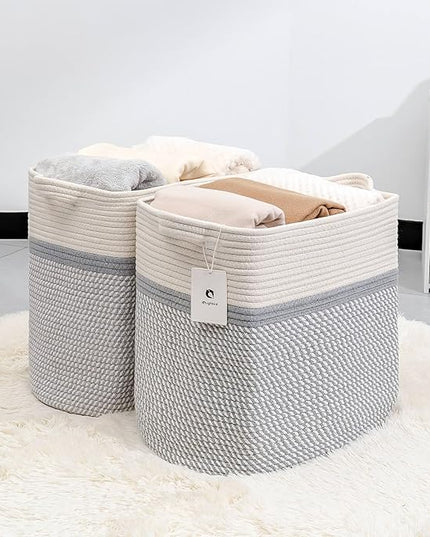 Medium and Large Woven Basket/With Handle, Baskets Laundry Hamper Wicker Tall Cotton Toy Storage Basket,Decorative Basket for Living room,Basket for Toys, 2bag - LeafyLoom
