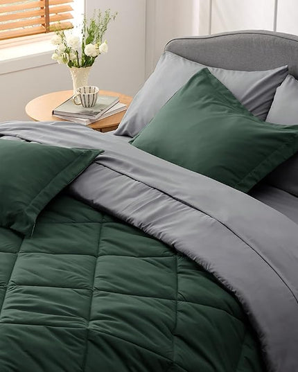 Bedsure Forest Green Full Size Comforter Set - 7 Pieces Reversible Full Bed in a Bag, Full Bed Set Forest Green and Grey with Comforters, Sheets, Pillowcases & Shams - LeafyLoom