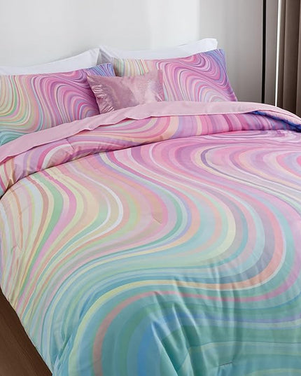 Btargot Super Soft 6 Pieces Gradient Wavy Line Comforter Set, Colorful Glitter Rainbow Star Pattern Bedding Set for Boys Girls Teens, Twin Pink Green - LeafyLoom