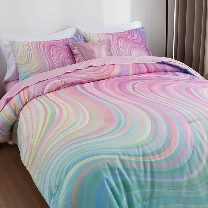 Btargot Super Soft 6 Pieces Gradient Wavy Line Comforter Set, Colorful Glitter Rainbow Star Pattern Bedding Set for Boys Girls Teens, Queen Pink Green - LeafyLoom