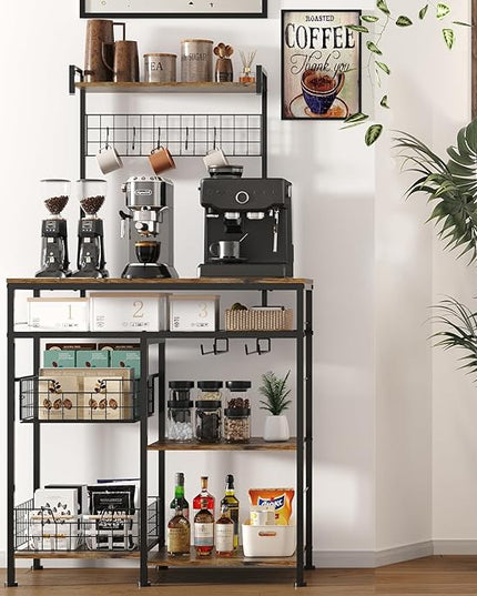 Farmhouse Coffee Bar Cabinet - 31" Sideboard Buffet Cabinet with 8 Hooks and Removable Sliding Storage Basket - Ideal for Kitchen& Dining&Living Room - Rustic Brown - LeafyLoom