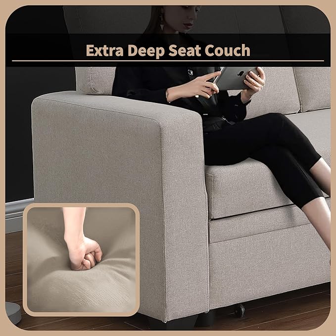 4-in-1 Modular Sofa Bed Convertible Living Room Furniture Sets Upholstered, L Shaped Sectional Comfy Couch with Reversible Storage Chaise for Apartment, Studio, Office, Beige-2 - LeafyLoom