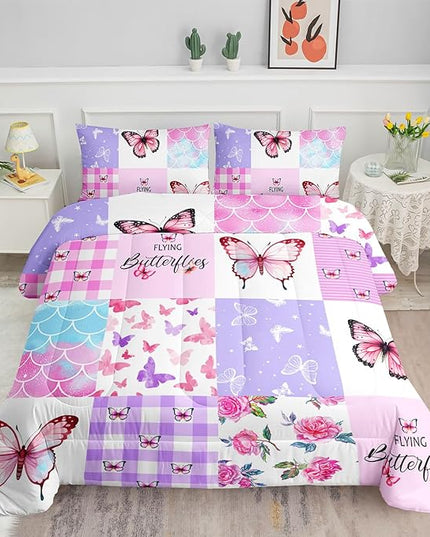 Datura home Kids Comforter Set Mermaid Scale Butterfly Printed Pattern Bedding Set with 1 Comforter and 2 Pillowcases for Girls Boys Bedroom All Season(Mermaid1 Queen) - LeafyLoom