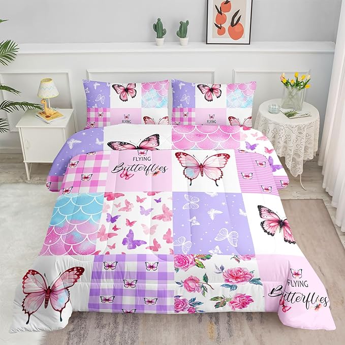 Datura home Kids Comforter Set Mermaid Scale Butterfly Printed Pattern Bedding Set with 1 Comforter and 2 Pillowcases for Girls Boys Bedroom All Season(Mermaid1 Queen) - LeafyLoom