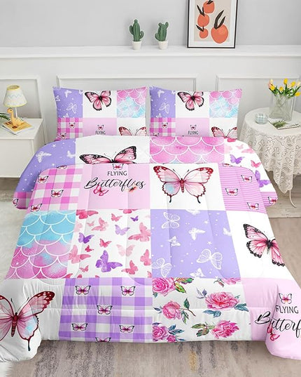 Datura home Kids Comforter Set Mermaid Scale Butterfly Printed Pattern Bedding Set with 1 Comforter and 2 Pillowcases for Girls Boys Bedroom All Season(Mermaid1 Full) - LeafyLoom