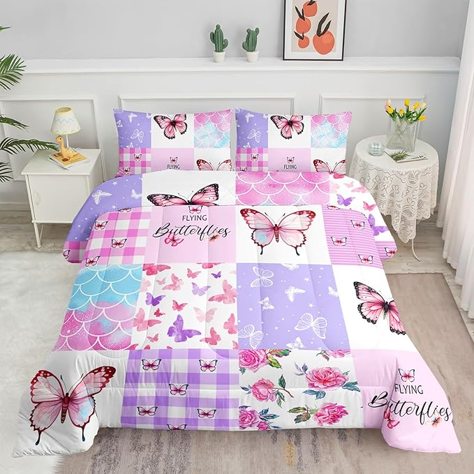 Datura home Kids Comforter Set Mermaid Scale Butterfly Printed Pattern Bedding Set with 1 Comforter and 2 Pillowcases for Girls Boys Bedroom All Season(Mermaid1 Full) - LeafyLoom