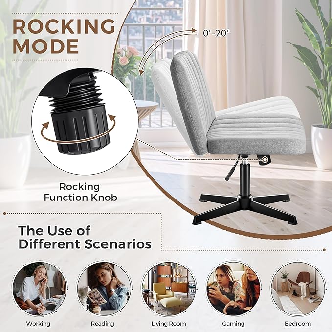 Criss Cross Legged Chair, Armless Swivel Wide Padded Height Adjustable Fabric Home Office, Light Grey - LeafyLoom