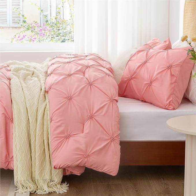 BEDELITE Pink Twin Comforter Set for Girls - 2 Peices Boho Pintuck Bedding Comforter Sets, Lightweight Soft & Warm Twin Bedding Sets with 1 Pillowcase for All Season - LeafyLoom