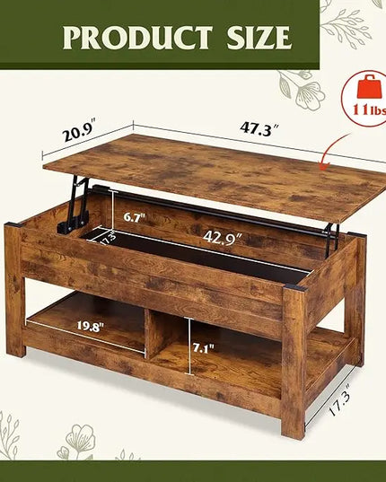 WLIVE Coffee Table, 47" Lift Top Coffee Table with Hidden Compartment and 2 Storage Shelves for Living Room, Rustic Brown - LeafyLoom