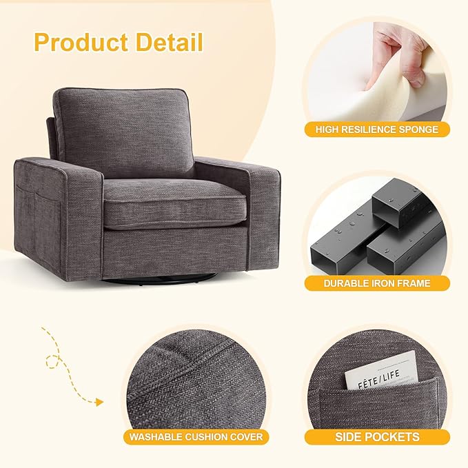 EASELAND Oversized Accent Chair, Reading Chair with Upholstered Chenille Fabric, Sofa Chair with Armrest, Single Sofa Chair for Living Room, Swivel Chair with Wooden Legs, Comfy Chair for Small Spaces - LeafyLoom