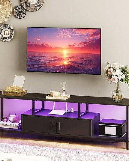 HOOBRO TV Stand with LED Light and Power Outlets for TVs up to 65 Inch, TV Media Console with Double-Door Cabinet, Gaming Entertainment Center for Living Room Bedroom, Black BB148UDS01 - LeafyLoom