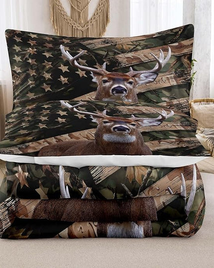 NINENINE Camo Deer Bedding Sets Full Size American Flag Comforter for Boys Adult Teens Western Theme Wildlife Forest Hunted Animal Comforter Sets with 1 Comforter 2 Pillowcases - LeafyLoom