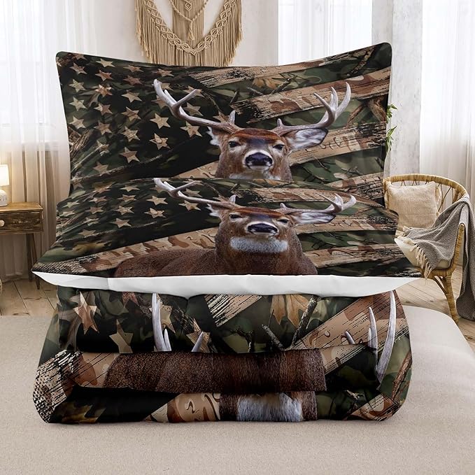 NINENINE Camo Deer Bedding Sets Full Size American Flag Comforter for Boys Adult Teens Western Theme Wildlife Forest Hunted Animal Comforter Sets with 1 Comforter 2 Pillowcases - LeafyLoom