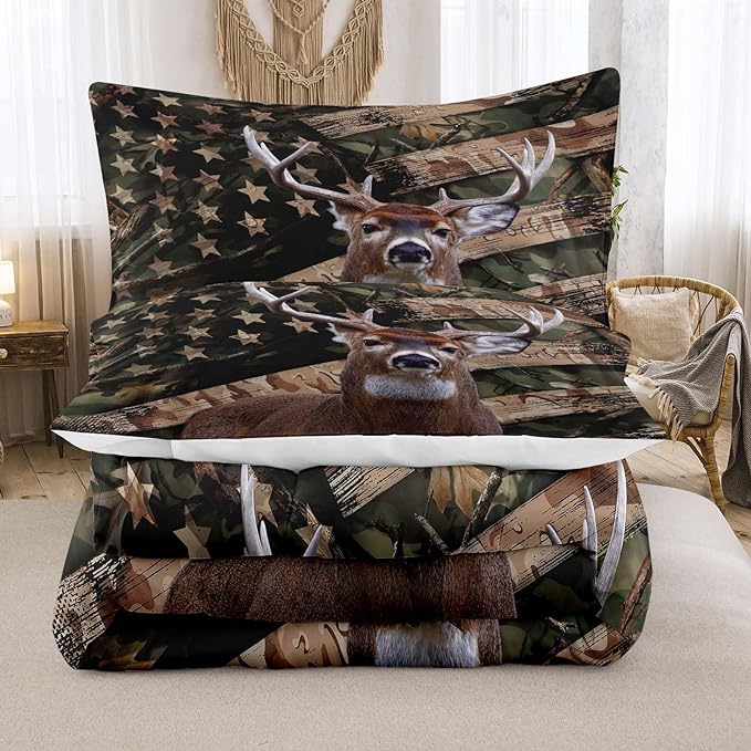 NINENINE Camo Deer Comforter Sets Twin Size,American Flag Wildlife Forest Bedding for Boys Adult Teens,Western Theme Hunted Animal Comforter Sets with 1 Comforter 1 Pillowcase… - LeafyLoom
