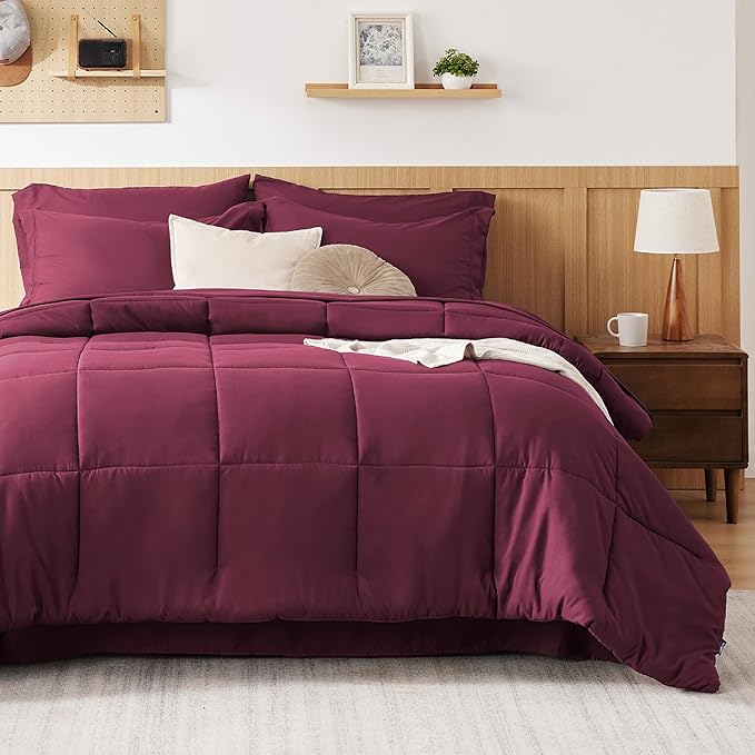 Bedsure Burgundy King Size Comforter Set - 7 Pieces Solid King Bed in a Bag, King Bed Set Burgundy with Comforters, Sheets, Pillowcases & Shams - LeafyLoom