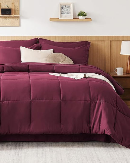 Bedsure Burgundy Queen Comforter Set - 7 Pieces Solid Queen Bed in a Bag, Queen Bed Set Burgundy with Comforters, Sheets, Pillowcases & Shams - LeafyLoom