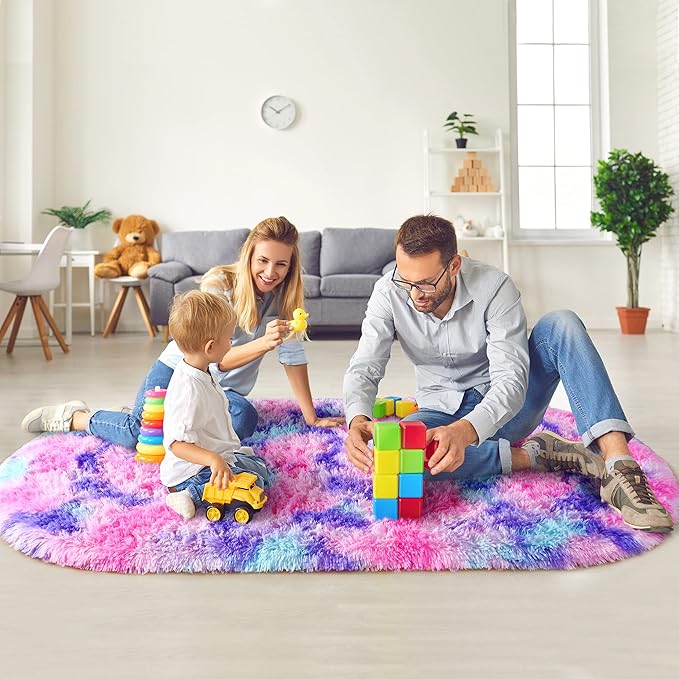 Noahas Oval Fluffy Hot Pink Rainbow Rug 2.6X5.3 Small Kids Rugs for Bedroom Girls Aesthetic,Bedside Bedroom Rug,Ultra Soft Runner Carpet Modern Shaggy Nursery Area Rugs Home Decor - LeafyLoom
