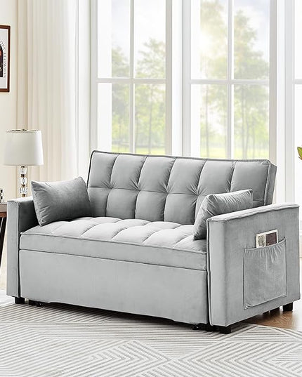 Full Size Pull 3 in 1 Convertible, Fluffy Velvet Loveseat Cama, Lounge Sleeper Sofa with Pullout Bed, Small Futon Couch for Living Room, Bedroom, 55" W, Grey - LeafyLoom